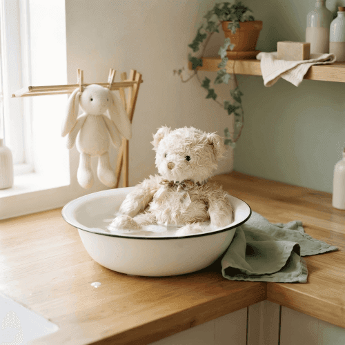 Hand-washing a stuffed animal in a basin, with a second plush air-drying A cream teddy bear being hand-washed in a white enamel basin of soapy water, with a knitted bunny plush drying on a wooden rack behind