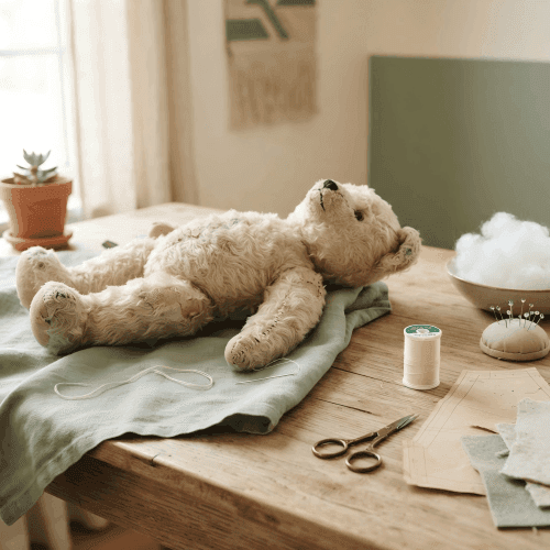 Repairing a stuffed animal with a sewing pattern, thread and fresh stuffing A well-loved cream teddy bear mid-repair on an oak table beside a threaded needle, embroidery scissors, a paper sewing pattern and a bowl of stuffing