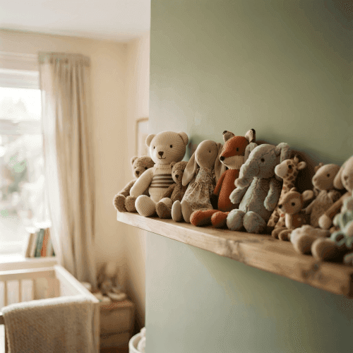 Stuffed animal shelf display in a cream and sage bedroom A bedroom shelf lined with assorted stuffed animals in a warm cream and sage room