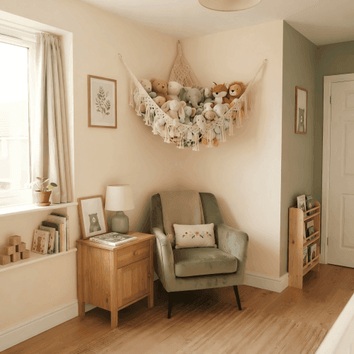 Stuffed animal hammock storage in a nursery corner A macrame stuffed animal hammock filled with plush toys in the corner of a nursery