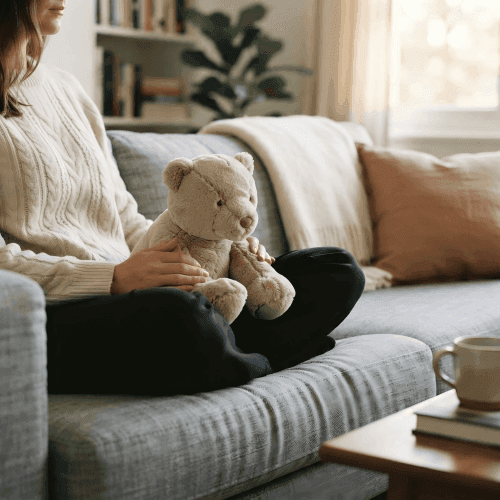 Weighted stuffed animal in use — 4 to 6 lb range A weighted plush bear resting across a person's lap on a linen sofa